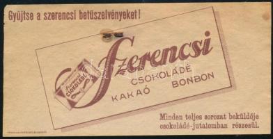 1927 Szerencsi Csokoládé Kakaó Bonbon korai számolócédula. Hátoldalon kísérőjegyzék, bélyegzés, valamint ceruzás írás dátummal. Egy tűzőkapocs benne, kisebb rozsdafoltokkal.