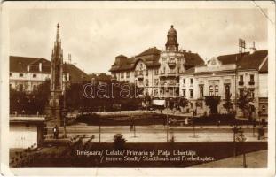 Temesvár, Timisoara; Cetate, Primaria si Piata Libertatii / Fő tér és Rukavina emlékmű, városháza, üzletek / main square, monument, town hall, shops (EK)