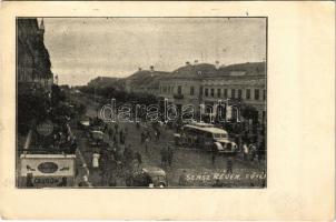 1940 Szászrégen, Reghin; Fő tér, autóbusz, Nivea, Cauron üzlet. Üdvözlet a felszabadult Szászrégenből! / Hauptplatz / main square, autobus, shops + &quot;1940 Szászrégen visszatért&quot; So. Stpl. (szakadás / tear)