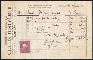 1927 Gellis Testvérek Papírnagykereskedés, Sopron fejléces számla