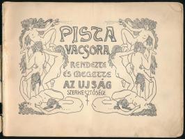 Pista vacsora. Rendezte és megette Az Ujság szerkesztősége. "Tisztelettel meghívjuk Gajáry István tiszteletére rendezendő Szűz Vacsorára, melyet folyó hó 18-án vasárnap tartunk meg a Royal Szálló külön termében. A Vacsora kezdete pontban 9 órakor." Gajáry István (1884-1939) zeneszerző, zenekritikus, Az Újság c. napilap munkatársa, Gajári Ödön főszerkesztő fia. Gajári Ödön (1852-1919) politikus, publicista, Az Újság c. napilap főszerkesztője (1903-1919) és vezércikkírója. [Bp.], én.,[ Az Ujság], 61+3 p. Kiadói papírkötés, sérült, ketté szakadt borítóval, széteső,rossz állapotban. Kézirat gyanánt, 100 számozott példányban. Számozott (24./100) példányban. Rendkívül ritka erotikus, pornográf kiadvány.