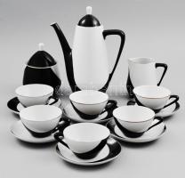 Hollóházi fekete-fehér retró design kávés, mokkás készlet. Hatszemélyes (kiöntő, cukortartó, tejszínkiöntő, 6 db csésze, 6 db alj). Részben kézzel festett, jelzett, kis kopással, egyik tálkán pattanással.