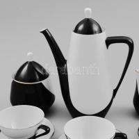 Hollóházi fekete-fehér retró design kávés, mokkás készlet. Hatszemélyes (kiöntő, cukortartó, tejszín...