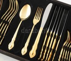 Aranyozott evőeszköz készlet. Exkluzív, 24 darabos, hat személyes, használatlan, eredeti dobozában