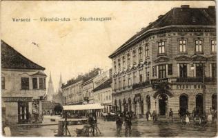 1917 Versec, Werschetz, Vrsac; Városház utca, Brüder Berger utóda, Glückmann Hungária szálloda, Győri Mór és G. Florian üzlete / Stadthausgasse / street, shops, hotel (Rb)