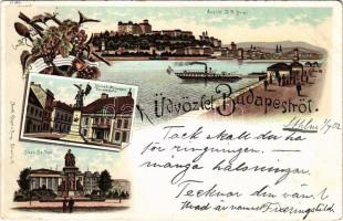 1902 Budapest, Deák szobor, Honvéd emlékmű, látkép a királyi várral. Druck Regel & Krug Art Nouveau, floral, litho (EK)