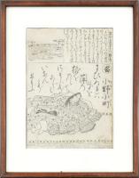 XIX. sz. ismeretlen japán művész munkája: Alak kalligráfiával. Fametszet, papír. Üvegezett fakeretben. 22×16 cm