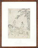 Yoshimura Shuzan japán művész 1750 körüli könyv illusztráció. Lovasok. Fametszet, papír. Üvegezett fakeretben. 20,5×15 cm