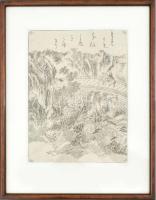 XIX. sz. ismeretlen japán művész munkája: Lovas a hídon. Fametszet, papír. Üvegezett fakeretben. 23,5×17,5 cm