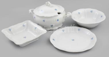 Zsolnay 4 darabos kékvirágos tálaló szett: leveskínáló + 3 kínálótál. Matricás, jelzett, kis kopással.