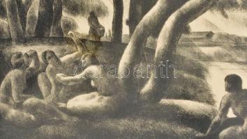 Patkó Károly (1895-1941): Fürdőzők pihenője. Rézkarc, papír, jelzett. Üvegezett fakeretben, 23×25 cm...