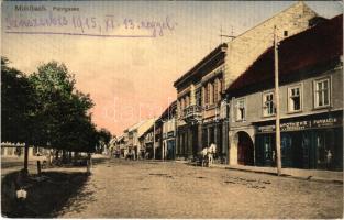 1915 Szászsebes, Mühlbach, Sebesul Sasesc, Sebes; Petrigasse / utca, J.C. Reinhardt gyógyszertára az angyalhoz, Johann Ohnitz utóda üzlete. Anna Gross kiadása / street, pharmacy, shops