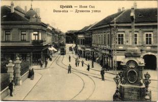 1914 Újvidék, Novi Sad; Duna utca, Ivkovic Milan üzlete, sírkőraktár, villamos / street, shops, tram