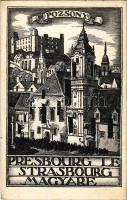 Pozsony a magyar Strassbourg! Itt sohse laktak csehek! Impr. Grafikai Intézet Rt. Cseh-ellenes irredenta propaganda lap / Pressburg (Bratislava) is the Hungarian Strassbourg! Czechs have never lived here! Hungarian Anti-Czech irredenta propaganda card s: Zádor István (fl)