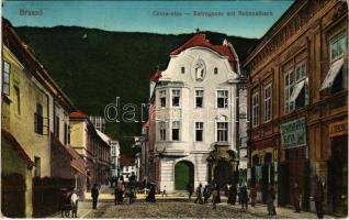 1915 Brassó, Kronstadt, Brasov; Cérna utca, Heinrich Zintz és J. Obend üzlete, Schicht szappan reklám. Vasúti levelezőlapok 70. 1915. / Zwirngasse / street view, shops (EK)