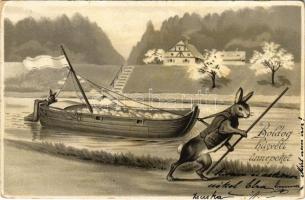 1903 Boldog húsvéti ünnepeket / Easter greeting art postcard with rabbits and boat. litho (kis szakadás / small tear)