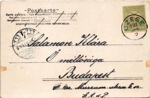 1903 Boldog húsvéti ünnepeket / Easter greeting art postcard with rabbits and boat. litho (kis szaka...