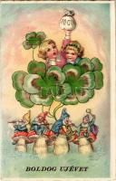Boldog Újévet / New Year greeting card with girls, clovers, dwarves and mushroom