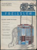 cca 1930 Freissler Antal Felvonó- és Gépgyár Rt. szórólapja, art-deco illusztrációval. Bp, Klösz-ny., kis lyukakkal.