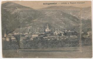 1917 Szilágysomlyó, Simleu Silvaniei; látkép a Magura heggyel. leporellólap belül vasútállomás, villanytelep, Simai kastély, stb. Heimlich Izidor kiadása / general view. leporellocard with railway station, electric power plant, castle, etc. (EK)