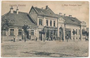 Csernátfalu, Cernat, Cernatul (Négyfalu, Sacele); Piata Principele Carol, Farmacia / tér, gyógyszertár, Szőts János üzlete / square, pharmacy, shops (EB)