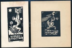 Buday György (1907-1990), 2 db Radnóti Miklós ex libris: Újmódi Radnóti és Radnóti Miklós, linómetszet, papír, jelzett a metszeten, 6x4,5 és 8x3,5 cm