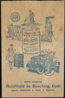 1930 Reichhold és Boeking Győri Lakkgyár jegyzék / illusztrált reklámlap a gyár ismert termékeivel: Emolin zománc, Medve Zománc, Medve Padlólakk, Oxylin szórólakk, 10x15cm