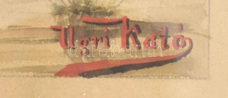 Ugri Kató jelzéssel: Vízparti táj. Akvarell, papír, üvegezett fakeretben, 17×28 cm