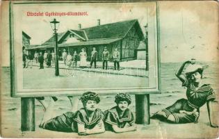 1910 Gyékényes, vasútállomás. Montázs a strandról fürdőruhás hölgyekkel (fl)