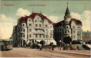 1912 Nagyvárad, Oradea; Fekete Sas szálloda, piac, villamos Ernyei Lajos üzlete, Magyar bank. Benkő Arthur kiadása / hotel, market, shops, tram, bank (fl)