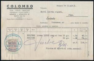 1942 Colombo Tea-, Kávé- Import, Bp. I. Attila u. 41. fejléces számla