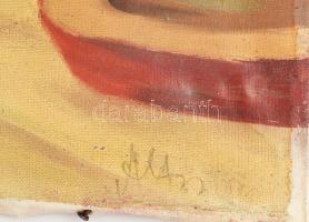 Olvashatatlan jelzéssel, XX. sz. eleje: Menyecske az asztalnál. Olaj, vászon, sérült. 46x59 cm