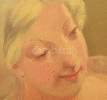 Olvashatatlan jelzéssel, XX. sz. eleje: Menyecske az asztalnál. Olaj, vászon, sérült. 46x59 cm