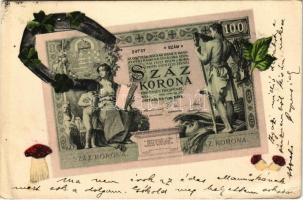 1905 Száz korona magyar bankjegy. Szecessziós montázs újévi motívumokkal / Hungarian banknote montage with mushrooms and horseshoes, clover (EK)