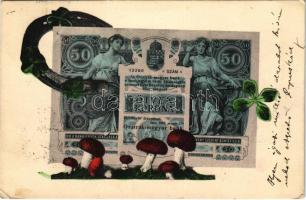 1905 Ötven korona magyar bankjegy. Szecessziós montázs újévi motívumokkal / Hungarian banknote montage with mushrooms and horseshoes, clover (EK)