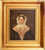 Jelzés nélkül, XIX. sz.: Női portré. Olaj, vászon. Sérült. Dekoratív, kissé sérült fakeretben. 26x21 cm