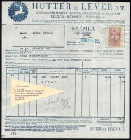 1936 Budapest, Hutter és Lever R.T. fejléces számla - LUX Toilet Soap - Hollywood Szépségszappana reklámszövegű háromszögletű ragaszték