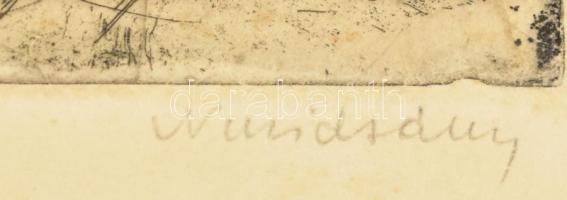 Nuridsány Zoltán (1925-1974): Faluvége. Színezett rézkarc, papír, jelzett, lap széle kissé foltos, 3...