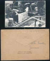 cca 1940 Csonka János Gépgyára motoros öntözőszivattyújának fotója, Bp., Rákos Fényképész fotó, borítékkal, 8x13 cm