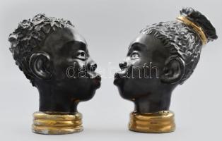 2 db art deco afrikai női és férfi fej kerámia. Mázas kerámia, női fej nyakán lepattanások, hajszálr...