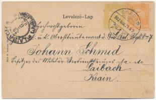 1902 Sopron, Deák tér, S.V.E.V. villamos. Blum N. kiadása, szecessziós litho keret címerrel, Art Nou...