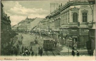 Miskolc, Széchenyi utca, villamos, Rosenberg Gyula fiók üzlete, szőnyeg áruház. Ferenczi B. kiadása