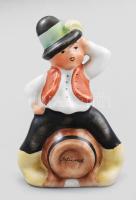 Kőbányai porcelán hordón ülő gyermek. Mázas porcelán, jelzett, hibátalan 12 cm