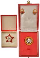 ~1970. "A Szocialista Kultúráért" zománcozott kitüntető jelvény eredeti tokban + "A kisipari szövetkezet kiváló dolgozója" fém kitüntetés 2db zománcozott "Szöv. Ipar Törzsgárda" jelvénnyel (5 és 10 év), eredeti tokban T:AU