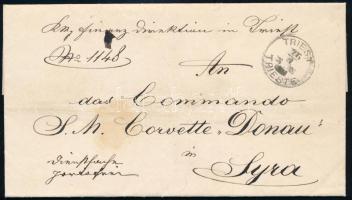 1879 Levél Triesztből az S.M. Corvette Donau hajóra / Cover from the Office of the Diector of Finances, Trieste to the officer in command of S.M. Corvette Donau in Syra.