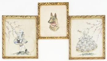 3 db kézzel festett selyem kép: Virágot szedő pár. Kutya. jelzett. 24x19 cm, 17x19 cm Dekoratív üvegezett keretben
