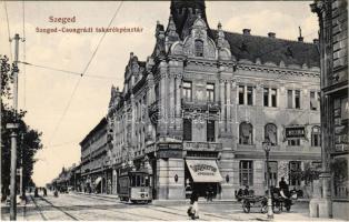 Szeged, Szeged-Csongrádi takarékpénztár, gyógyszertár, drogéria, Dr. Király K. fogorvos, Általános Biztosító Társaság üzlete, villamos, Kegyelet lovaskocsija. Bartos Lipót kiadása