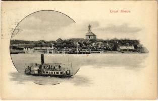 1911 Ercsi, Duna, gőzhajó, templom. Frank Károly kiadása (Rb)