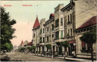 1914 Szolnok, Szapáry utca, Székely és Wolff Dezső üzlete, varrógépek. Gerő Ignác kiadása (EK)