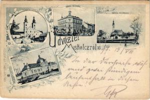 1897 (Vorläufer) Miskolc, Minoriták temploma, Városi bérház, görög templom, Erzsébet fürdő. Gedeon és Társa kiadása, Art Nouveau, floral (EK)